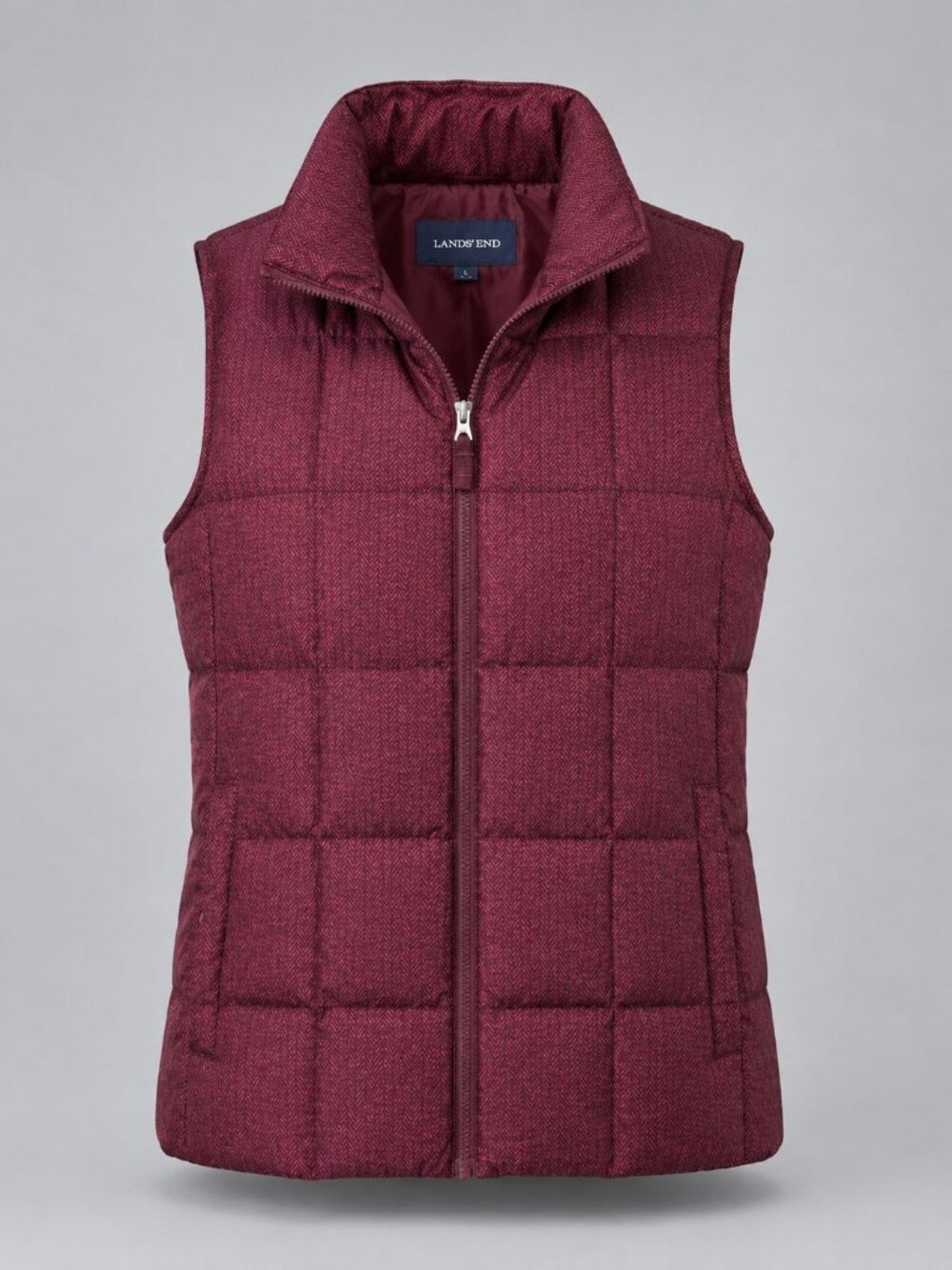 Lands End Womens Large Vest Red Down Puffer Insulated Herringbone Pattern